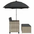Canapé de jardin 2 places et parasol tabourets gris clair rotin