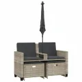 Canapé de jardin 2 places et parasol tabourets gris clair rotin