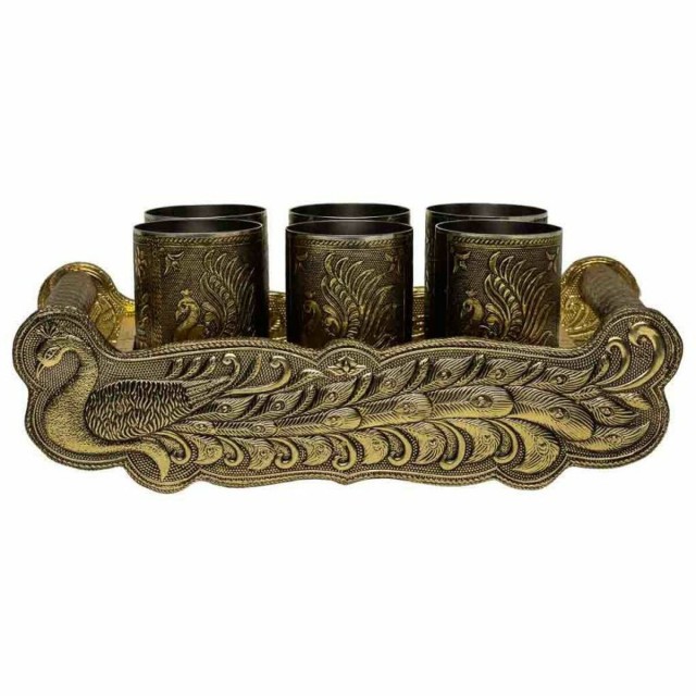 Dienblad Alexandra House Living Gouden Aluminium Hout MDF 13 x 6 x 25