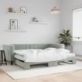 Lit de jour avec gigogne et matelas gris clair 90x200cm velours
