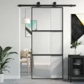 Porte coulissante noir 90x205 cm verre trempé aluminium