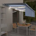 Auvent manuel rétractable avec store et LED 6x3 m Bleu et blanc