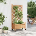 Jardinière avec treillis et roues marron bois massif de sapin