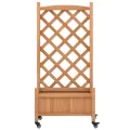 Jardinière avec treillis et roues marron bois massif de sapin