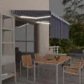 Auvent manuel rétractable et store et LED 3x2,5 m Bleu et blanc