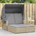 Chaise longue double et auvent et coussins mélange beige rotin