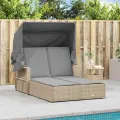 Chaise longue double et auvent et coussins mélange beige rotin