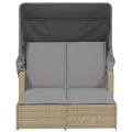 Chaise longue double et auvent et coussins mélange beige rotin