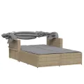 Chaise longue double et auvent et coussins mélange beige rotin
