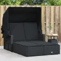 Chaise longue double et auvent et coussins noir résine tressée
