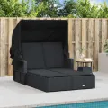 Chaise longue double et auvent et coussins noir résine tressée