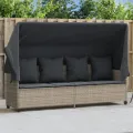 Chaise longue avec auvent et coussins gris clair résine tressée