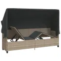 Chaise longue avec auvent et coussins gris clair résine tressée