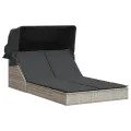 Chaise longue double avec auvent et coussins gris clair rotin