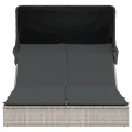 Chaise longue double avec auvent et coussins gris clair rotin