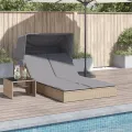 Chaise longue double avec auvent et coussins beige poly rotin