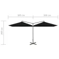 Parasol de jardin double avec mât en acier noir 600x300 cm