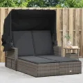 Chaise longue double et auvent et coussins gris résine tressée