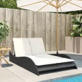 Chaise longue avec coussins noir 114x205x73 cm résine tressée