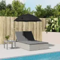 Chaise longue double avec coussins et parasol gris clair rotin