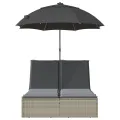 Chaise longue double avec coussins et parasol gris clair rotin
