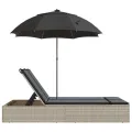 Chaise longue double avec coussins et parasol gris clair rotin
