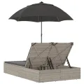 Chaise longue double avec coussins et parasol gris clair rotin