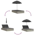 Chaise longue double avec coussins et parasol gris clair rotin