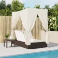 Chaise longue double avec toit et rideaux marron résine tressée