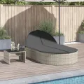 Chaise longue double avec coussins gris clair résine tressée