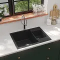 Évier de cuisine et deux lavabos trou de trop-plein Noir Granit