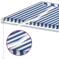 Auvent manuel rétractable avec LED 350x250 cm Bleu et blanc