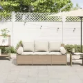 Canapé de jardin avec coussins 3 places beige résine tressée