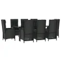 Ensemble à manger jardin 9pcs et coussins noir résine tressée