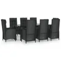 Ensemble à manger jardin 9pcs et coussins noir résine tressée