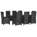 Ensemble à manger jardin 9pcs et coussins noir résine tressée