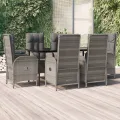 Ensemble à manger jardin et coussins 7 pcs Noir et gris Rotin