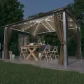 Tonnelle avec rideau et lumières LED 4x3 m Taupe Aluminium