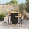 Ensemble de bar jardin 5 pcs noir poly rotin/bois massif acacia