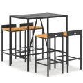 Ensemble de bar jardin 5 pcs noir poly rotin/bois massif acacia