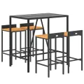 Ensemble de bar jardin 5 pcs noir poly rotin/bois massif acacia