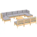 Salon de jardin 11 pcs avec coussins gris bois de pin