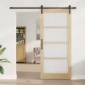 Porte Coulissante  avec Quincaillerie 'ORKDAL'en Bois Massif & Verre