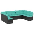 Salon de jardin 9 pcs avec coussins noir résine tressée