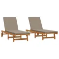 Chaises longues  2 pcs avec roulettes et coussins en acacia massif
