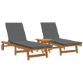 Chaise longue à roulettes  2 pièces avec table et coussin en acacia
