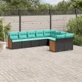 Salon de jardin 9 pcs avec coussins noir résine tressée