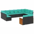 Salon de jardin avec coussins 12 pcs noir résine tressée