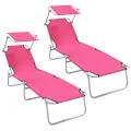 Chaises Longues Pliantes 2 pcs avec Auvent Rose Tissu Oxford 600D