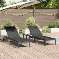 Chaises longues 2 pcs avec roues et table Noir Poly Rattan